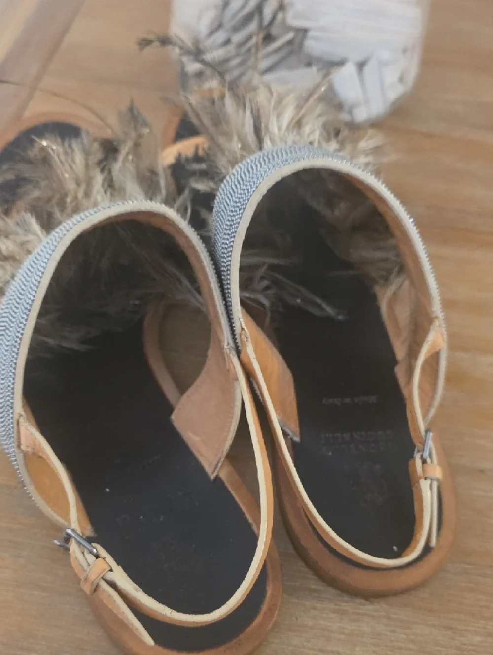 Brunello Cucinelli Ostrich Feather-Trim Slide Sandals in Brown and Black - Picture 5 of 8